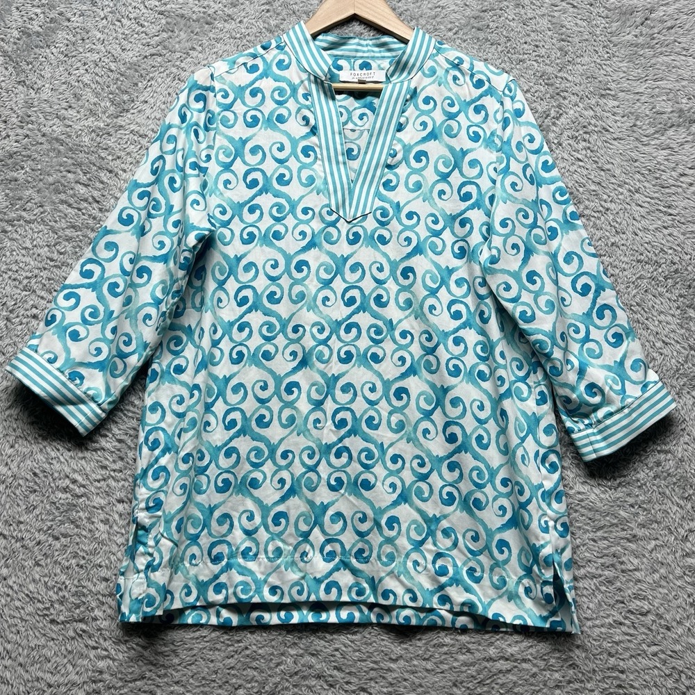 Foxcroft for Appleseed Wrinkle Free Tunic Top Women 10 Blue White Cotton Popover